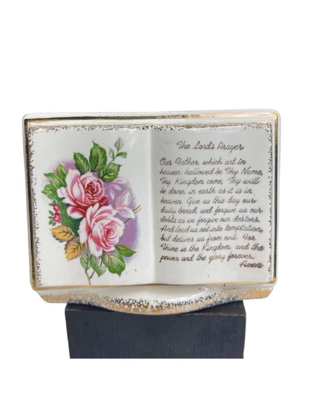 Vintage Rubens Originals "The Lords Prayer" Planter Open Book Design Japan Roses